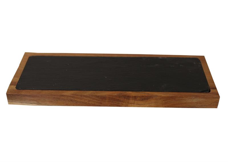 Schiefer Servierplatte, rechteckig, mit Holzrand