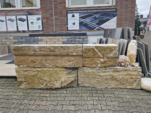 Muschelkalk Schichtquader – Gützinger Trieb – gesägte Lagerfugen, gespaltene Sichtflächen – ca. 40–120 × 40–50 × 40 cm