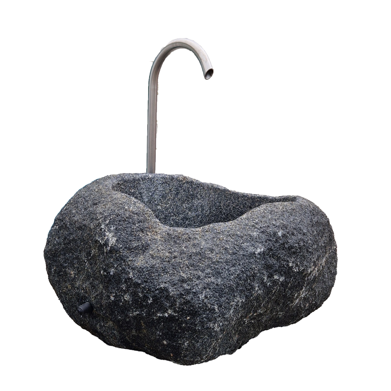 Brunnen aus Flusskiesel, schwarz, rundlich, mit Edelstahl-Umlaufsystem